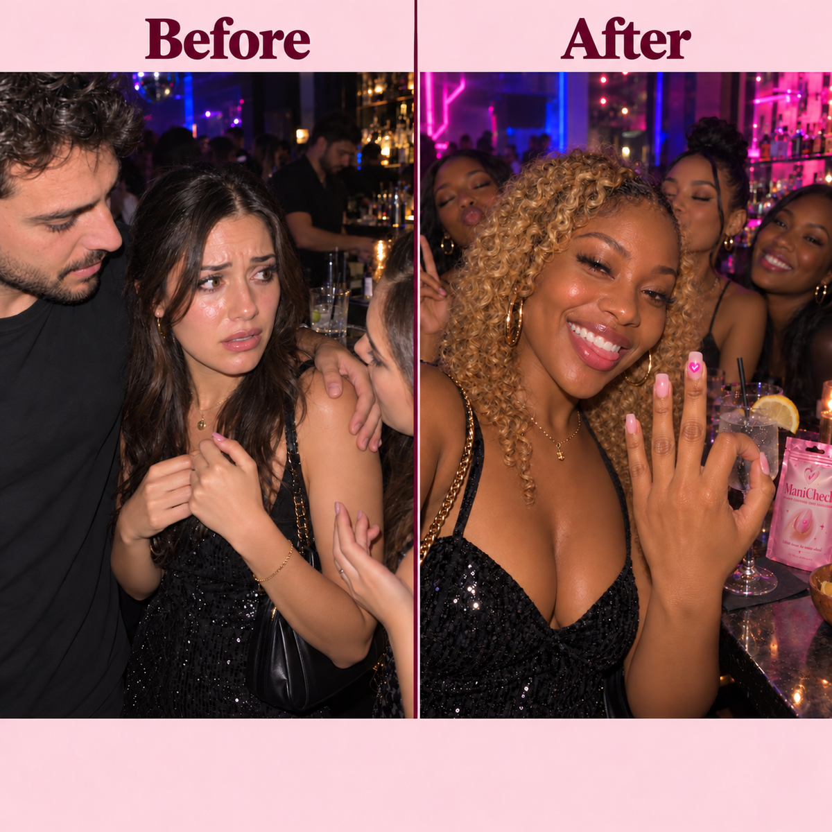ManiCheck Before and After: illustrative nightlife scenarios.