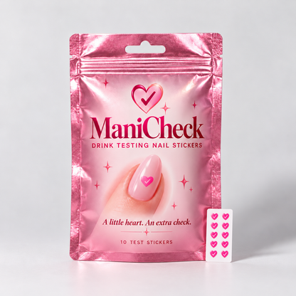 ManiCheck pink pouch and ten heart-shaped nail stickers. Product illustration.