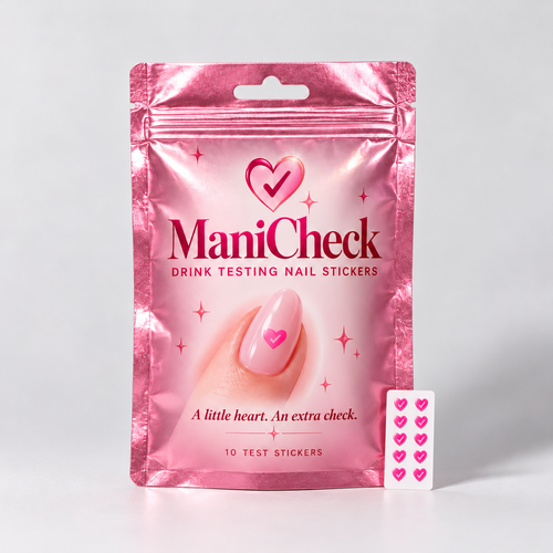 ManiCheck pink pouch and ten heart-shaped nail stickers. Product illustration.