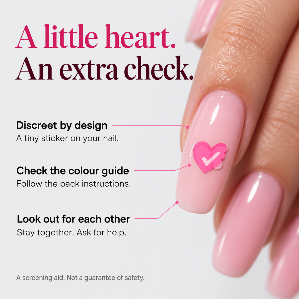 A little heart. An extra check. ManiCheck usage guide. Screening is not a guarantee of safety.